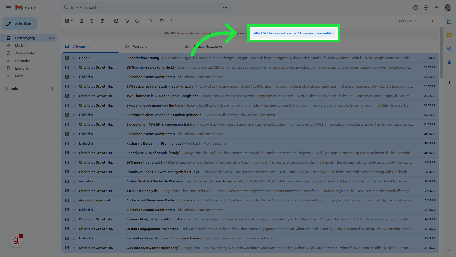 Klicken 'Alle ... Konversationen in 'Allgemein' auswählen'