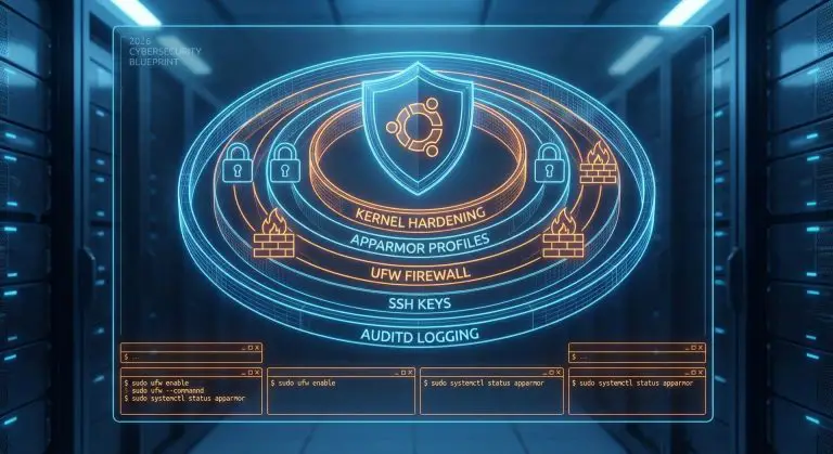 ubuntu security hardening 2026 with firewall and kernel protection illustration