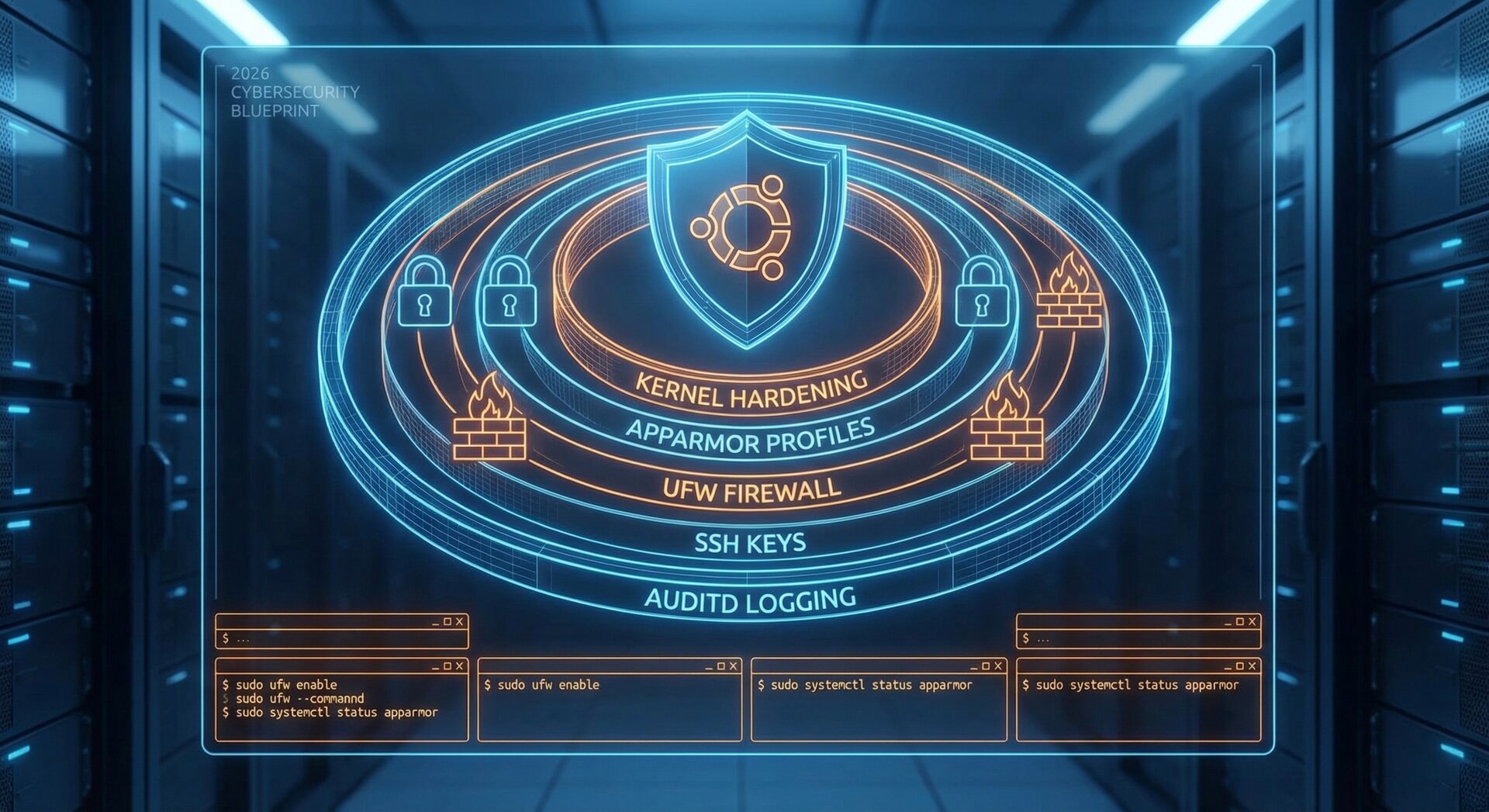 ubuntu security hardening 2026 with firewall and kernel protection illustration