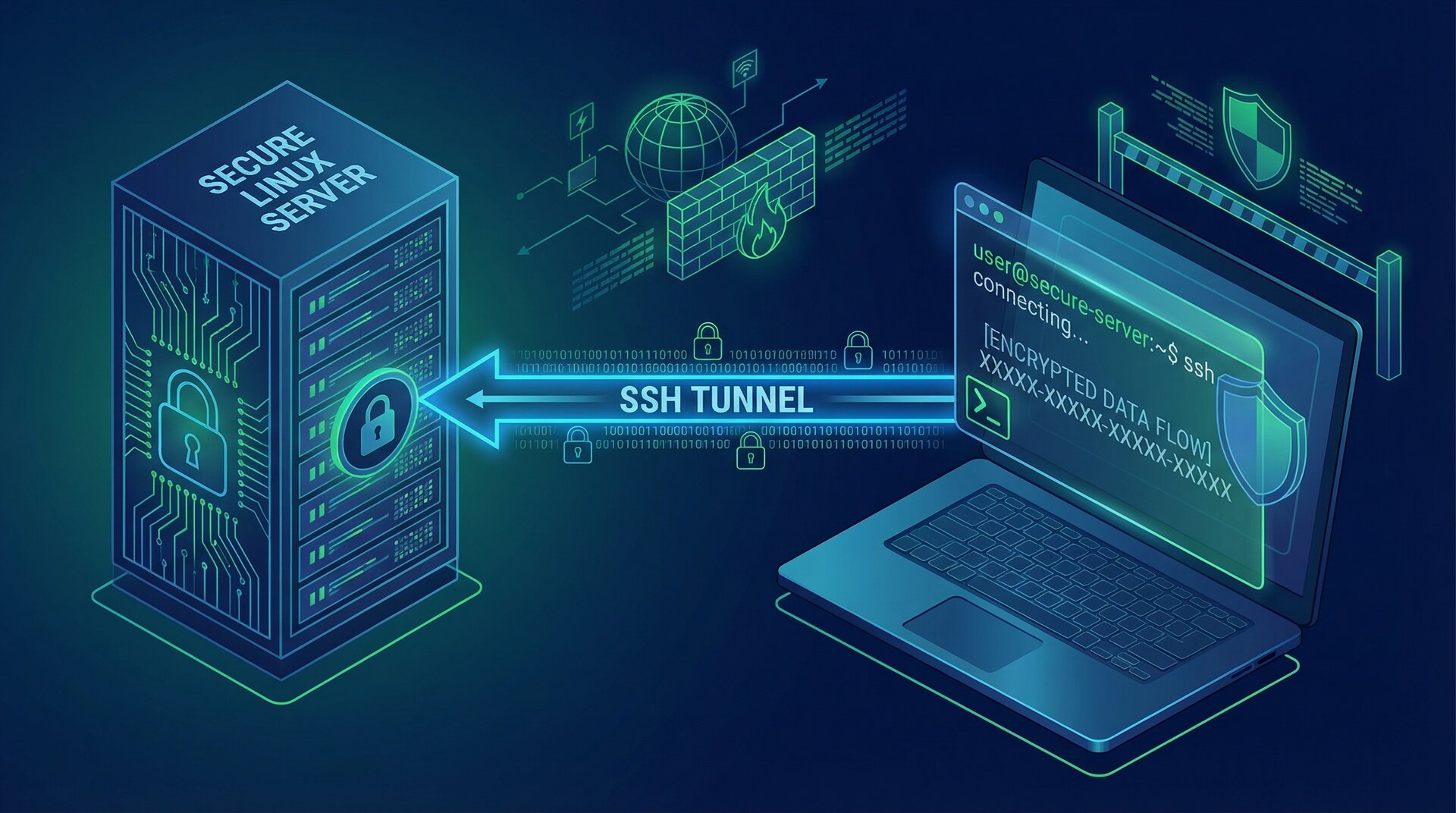 secure ssh linux server configuration tutorial with terminal and encryption symbols