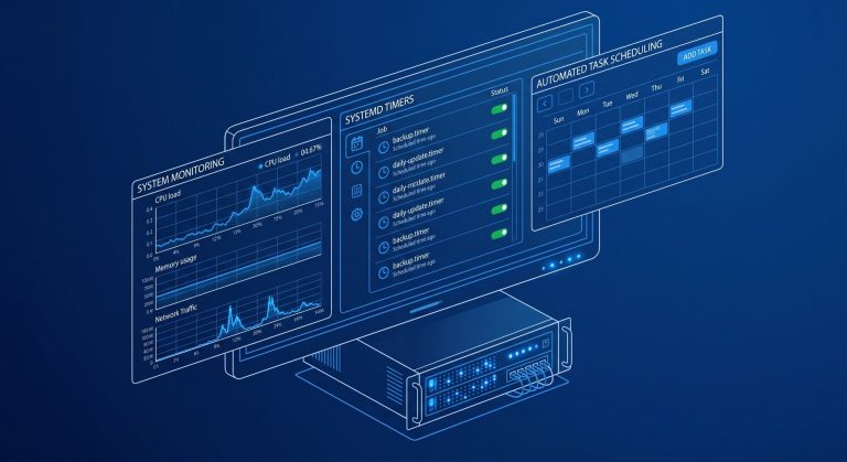 Linux systemd timers automation dashboard showing modern server monitoring interface