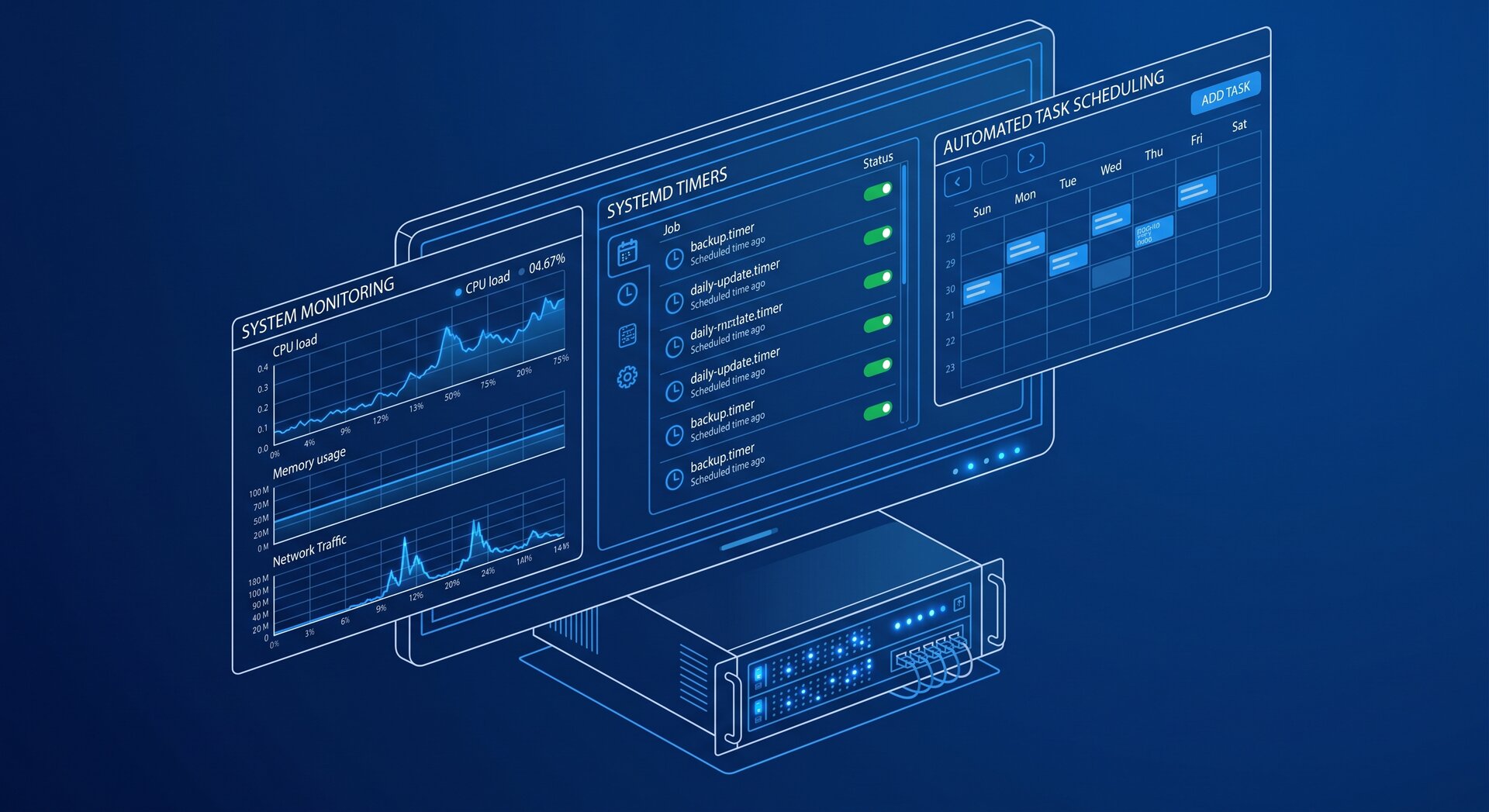Linux systemd timers automation dashboard showing modern server monitoring interface