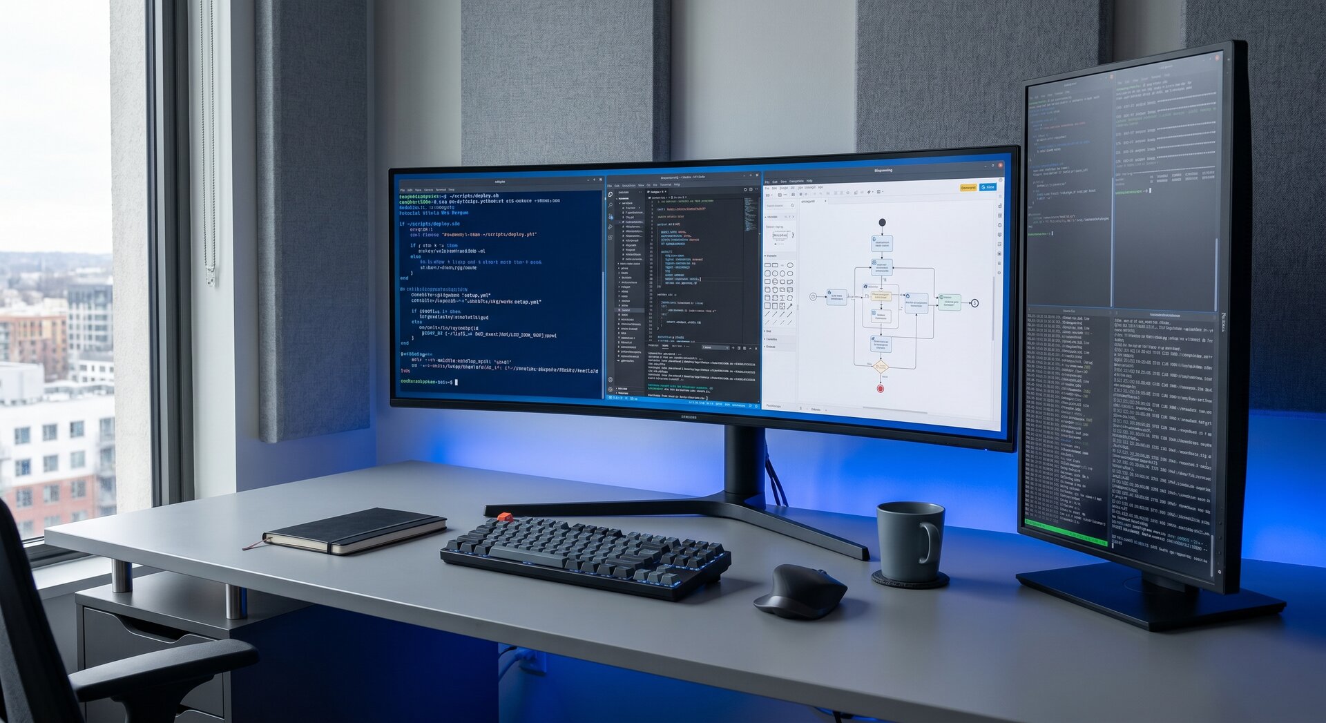 Debian shell script automation terminal with code editor and workflow diagrams
