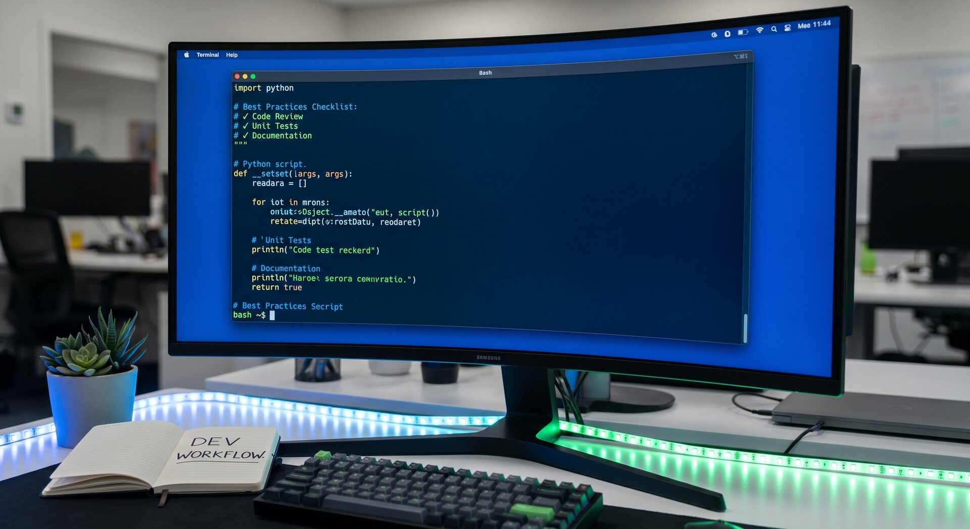 Bash scripting best practices showing terminal with clean code and syntax highlighting