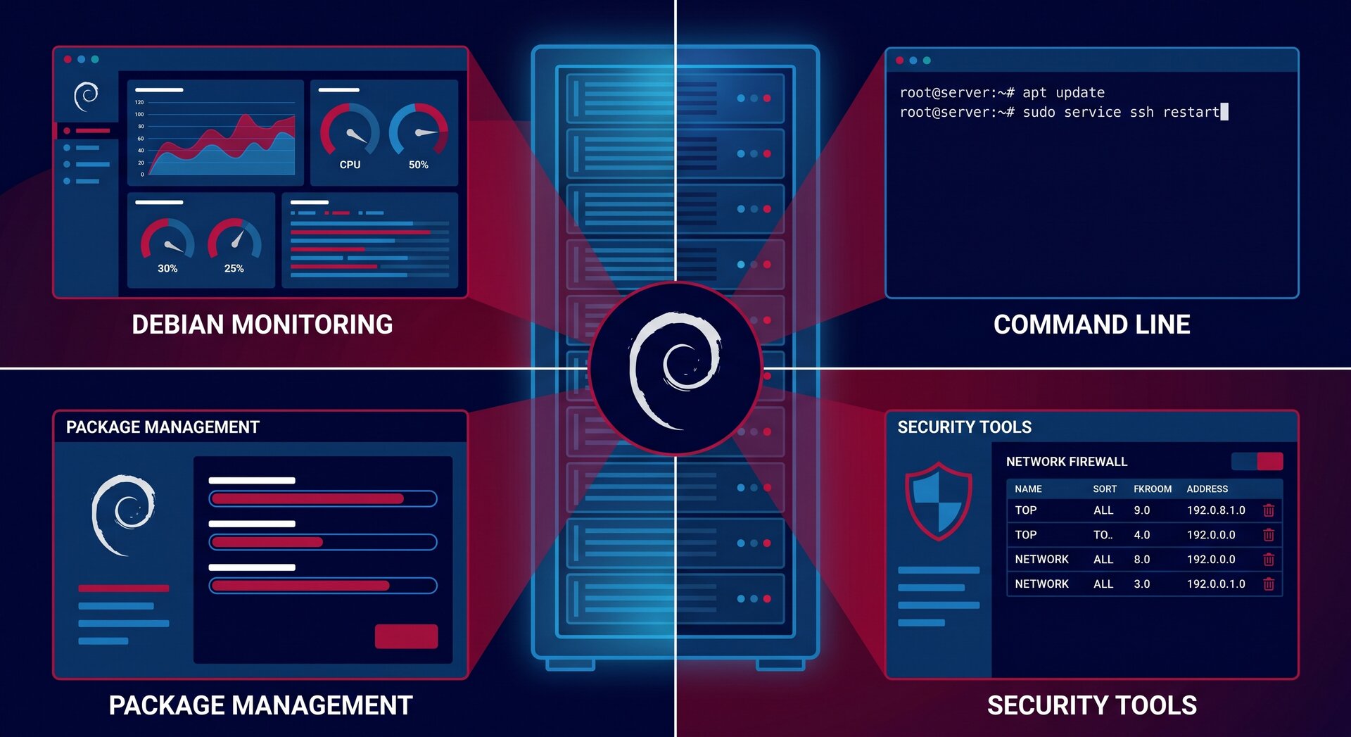 Debian Linux server administration guide showing system management and monitoring