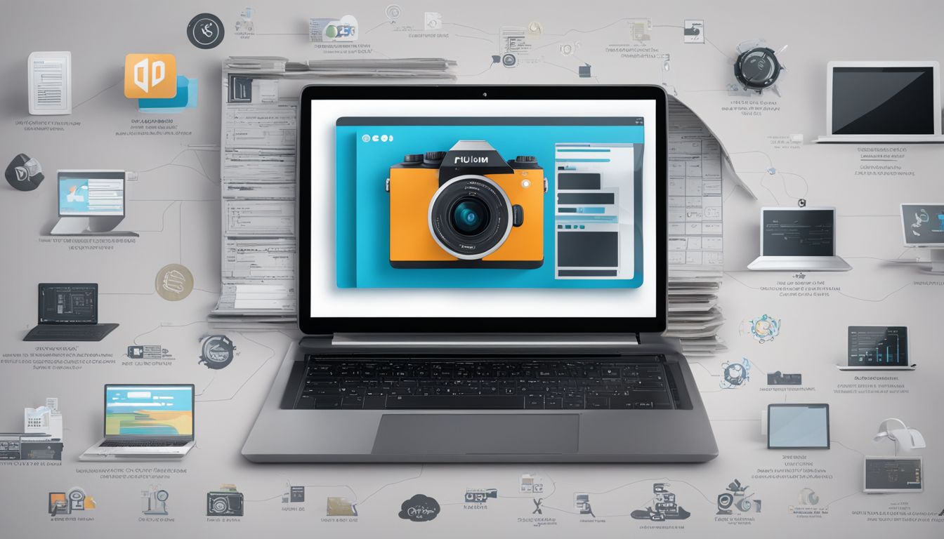 A laptop surrounded by open source software icons and symbols.