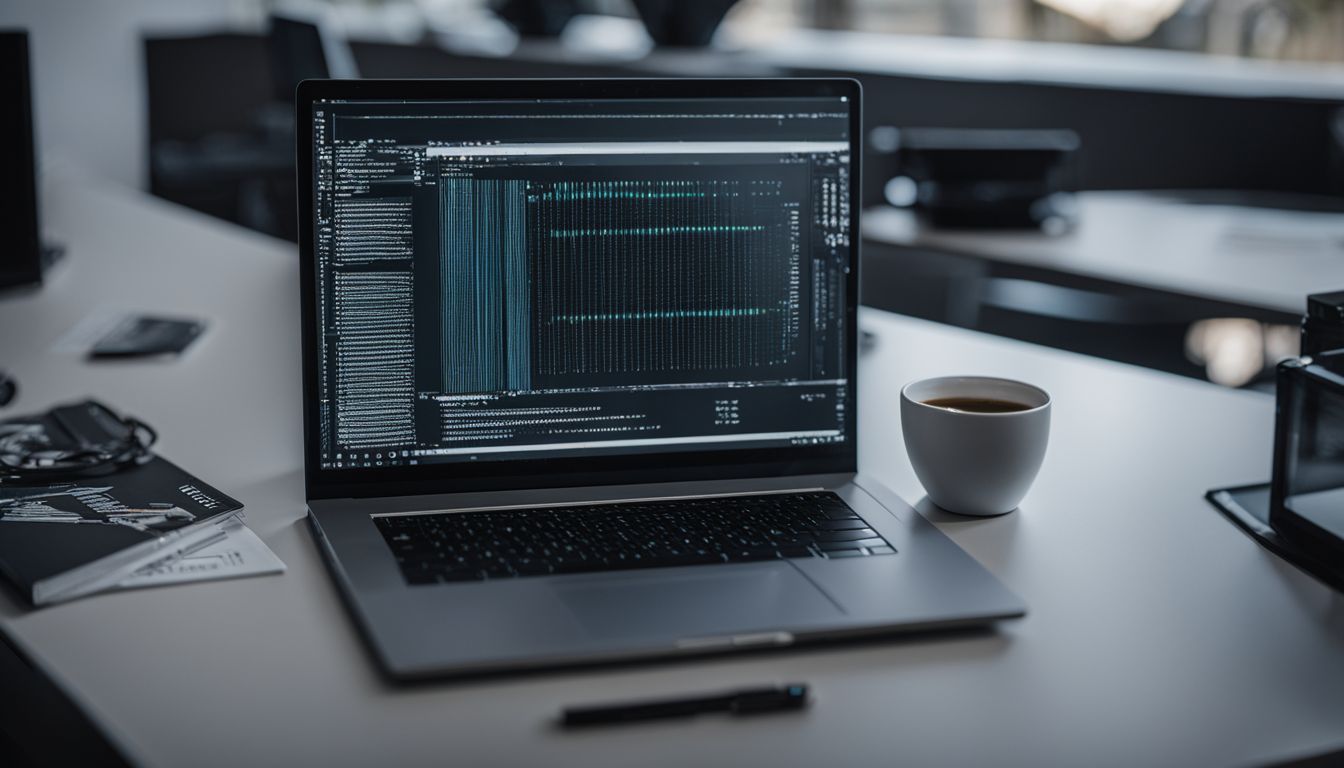 An open laptop surrounded by computer hardware and technology.