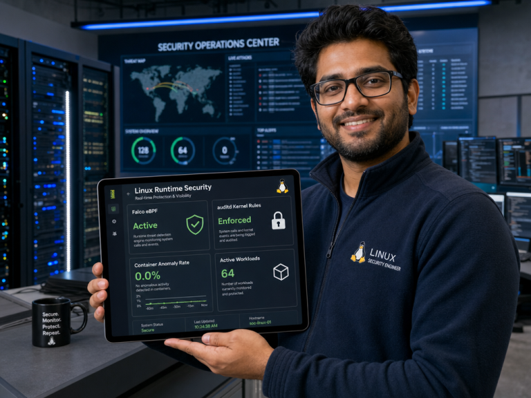 Cybersecurity engineer monitoring Linux runtime security dashboard with auditd and Falco detecting container anomalies