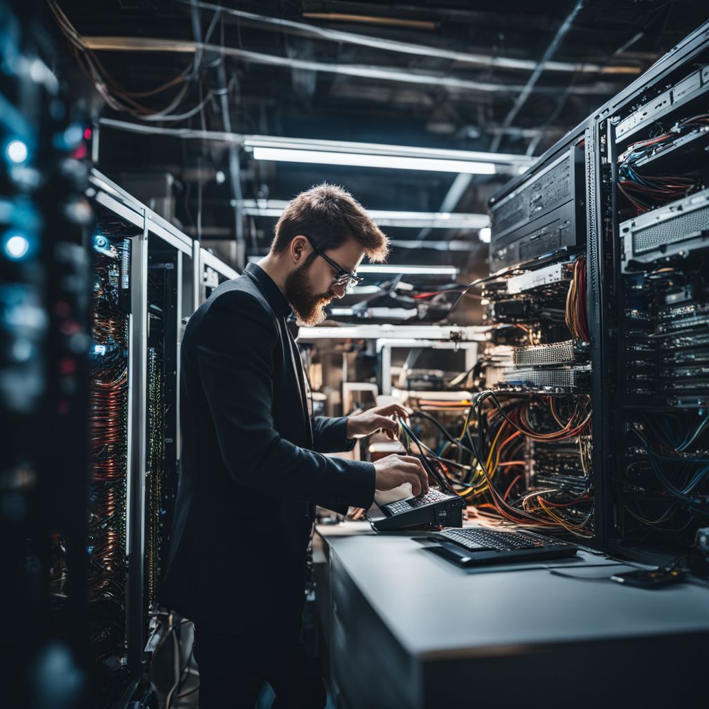 A network engineer examining computer hardware and software components.